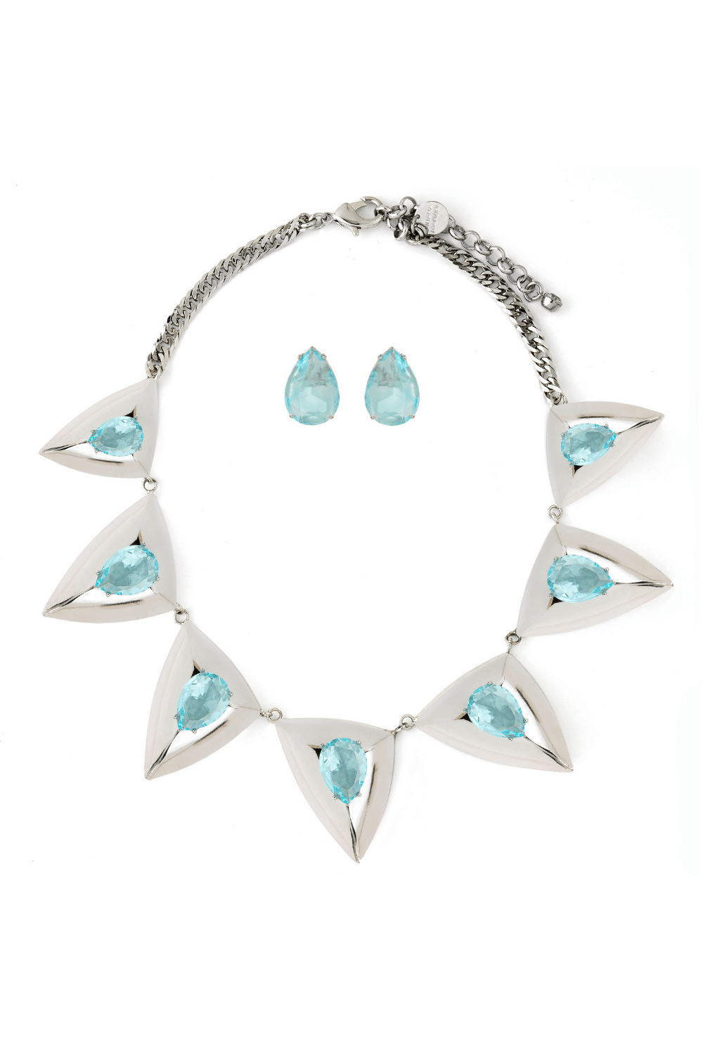 Kit Colar e Brinco Prateado com Formas Triangulares e Cristais Azul Light