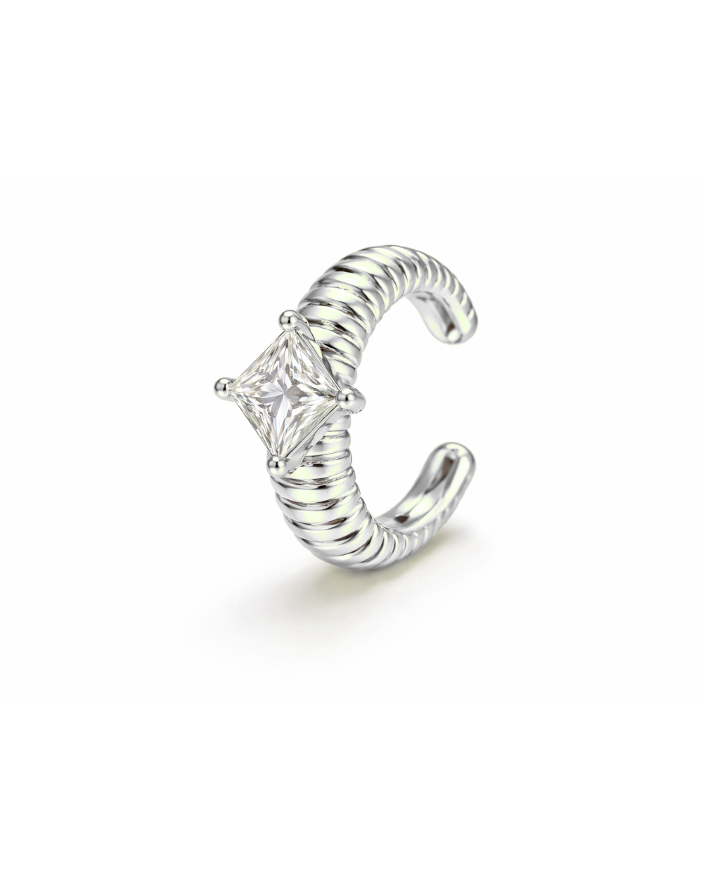 Ear Cuff Prateado com Zircônia Central e Encaixe Sem Furo