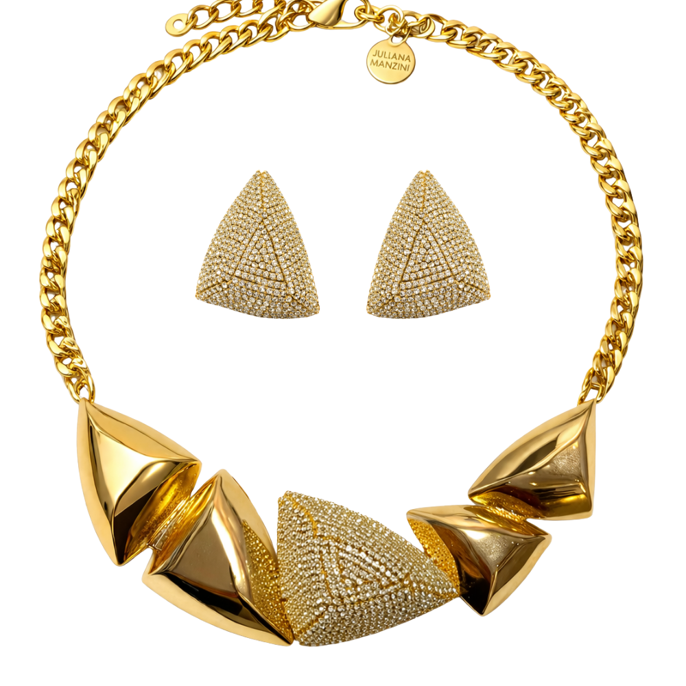 Kit Colar Geométrico Dourado com Strass Aplicado à Mão – Shine