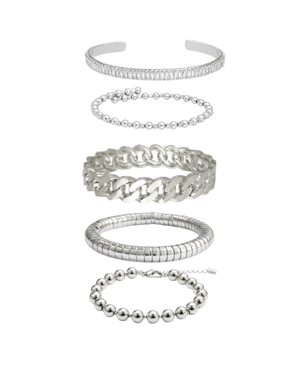 Kit de 5 Pulseiras Prateadas com Mix de Elos, Esferas e Bracelete