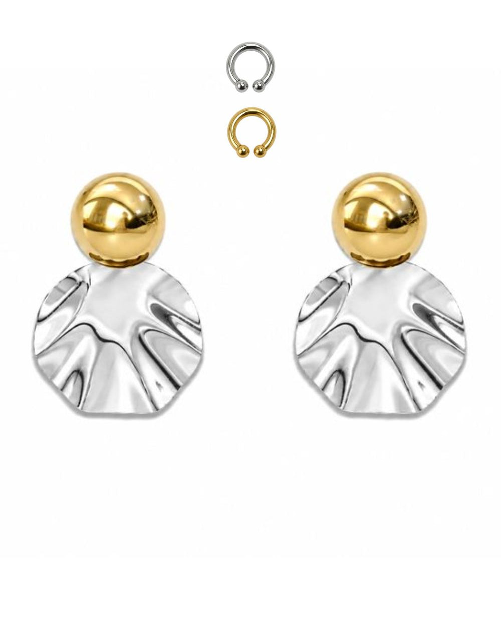 Kit de Brinco e Ear Cuffs Mix and Match com Esfera Dourada e Disco Prateado Texturizado