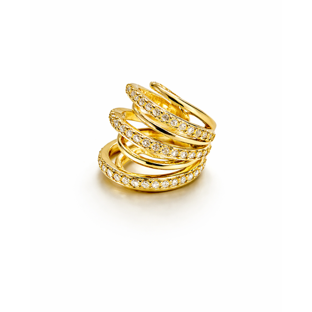 Ear Cuff Dourado com Zircônias e Design em Camadas Orgânicas