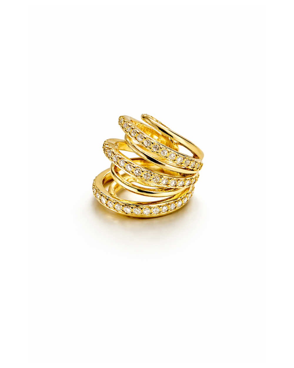 Ear Cuff Dourado com Zircônias e Design em Camadas Orgânicas