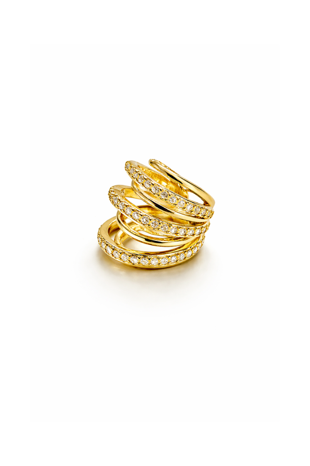 Ear Cuff Dourado com Zircônias e Design em Camadas Orgânicas