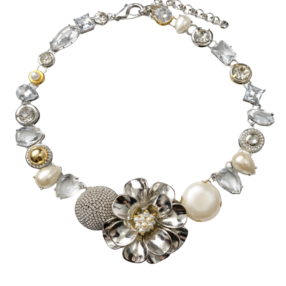 Colar Flor Tridimensional com Pérolas e Mix de Metais – Angela