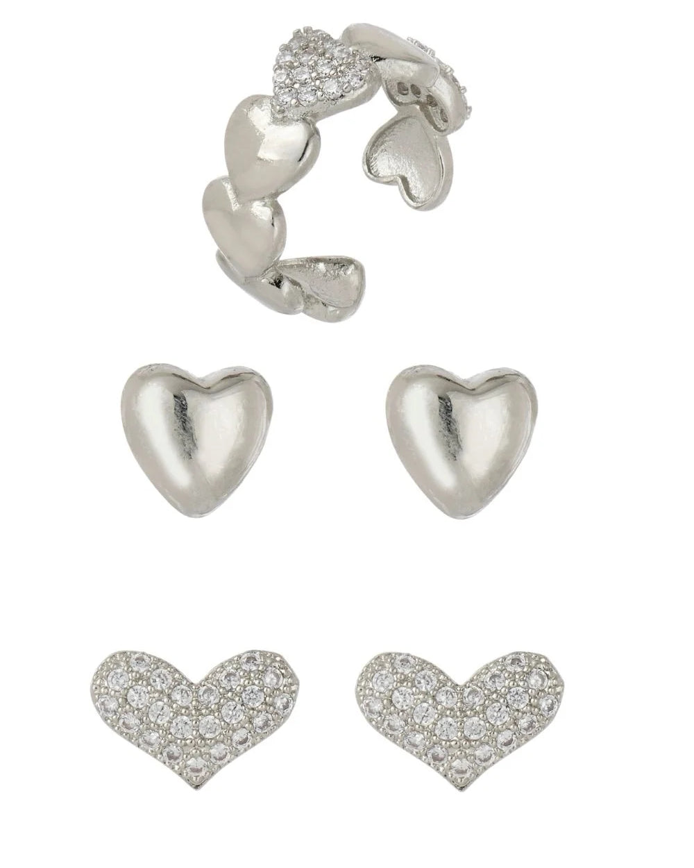 Kit de Brincos e Ear Cuff de Coração Prateado com Zircônias e Acabamento Polido