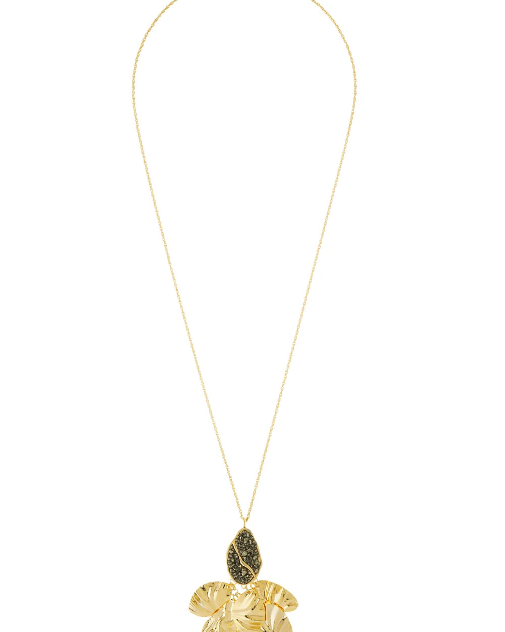 Colar Longo Dourado com Pingente Orgânico e Pedra Natural Pirita – New Boho