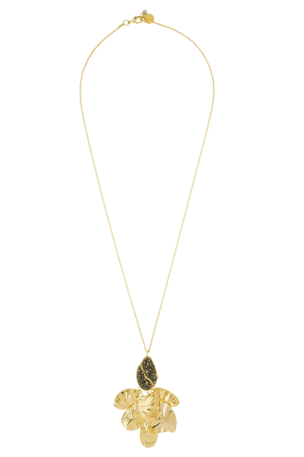 Colar Longo Dourado com Pingente Orgânico e Pedra Natural Pirita – New Boho
