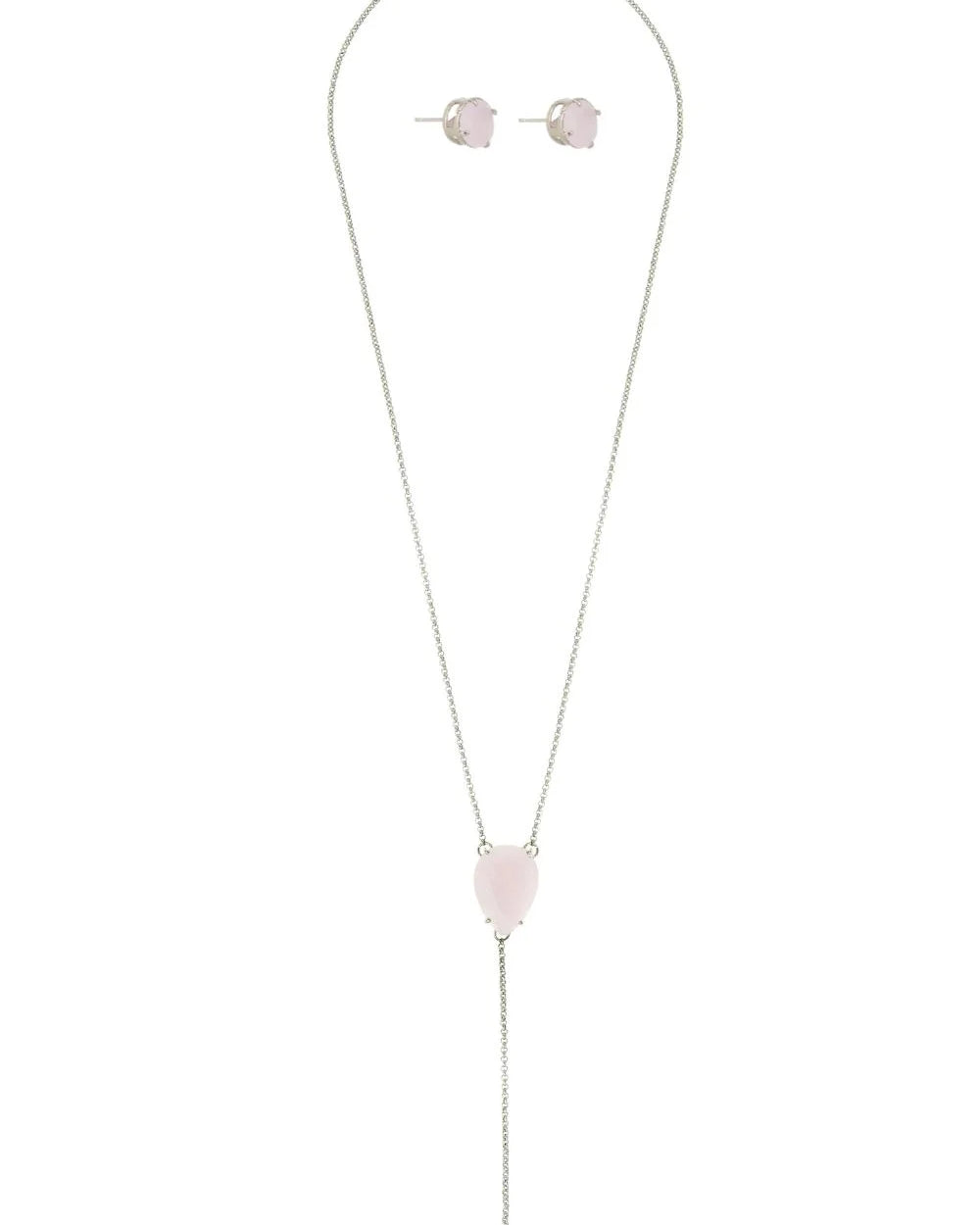 Kit Colar Longo Estilo Terço com Pedra Light Rose e Brinco Ponto de Luz Prateado