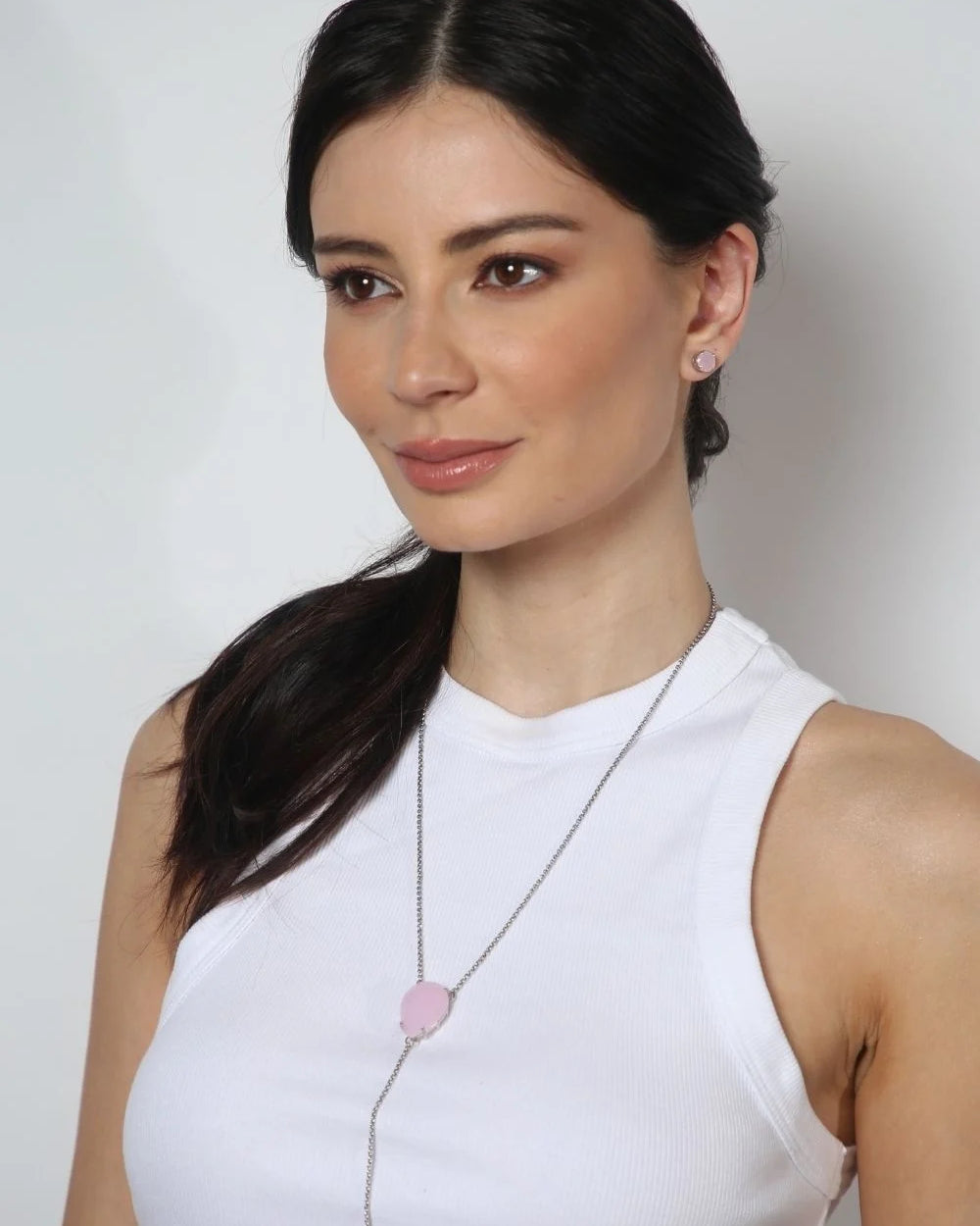 Kit Colar Longo Estilo Terço com Pedra Light Rose e Brinco Ponto de Luz Prateado