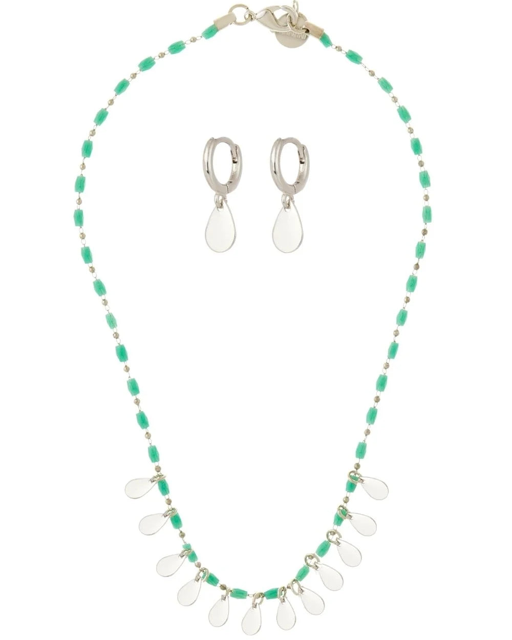 Kit Colar Canutilho Verde e Brinco Gota Prateado – Conjunto Delicado com Movimento