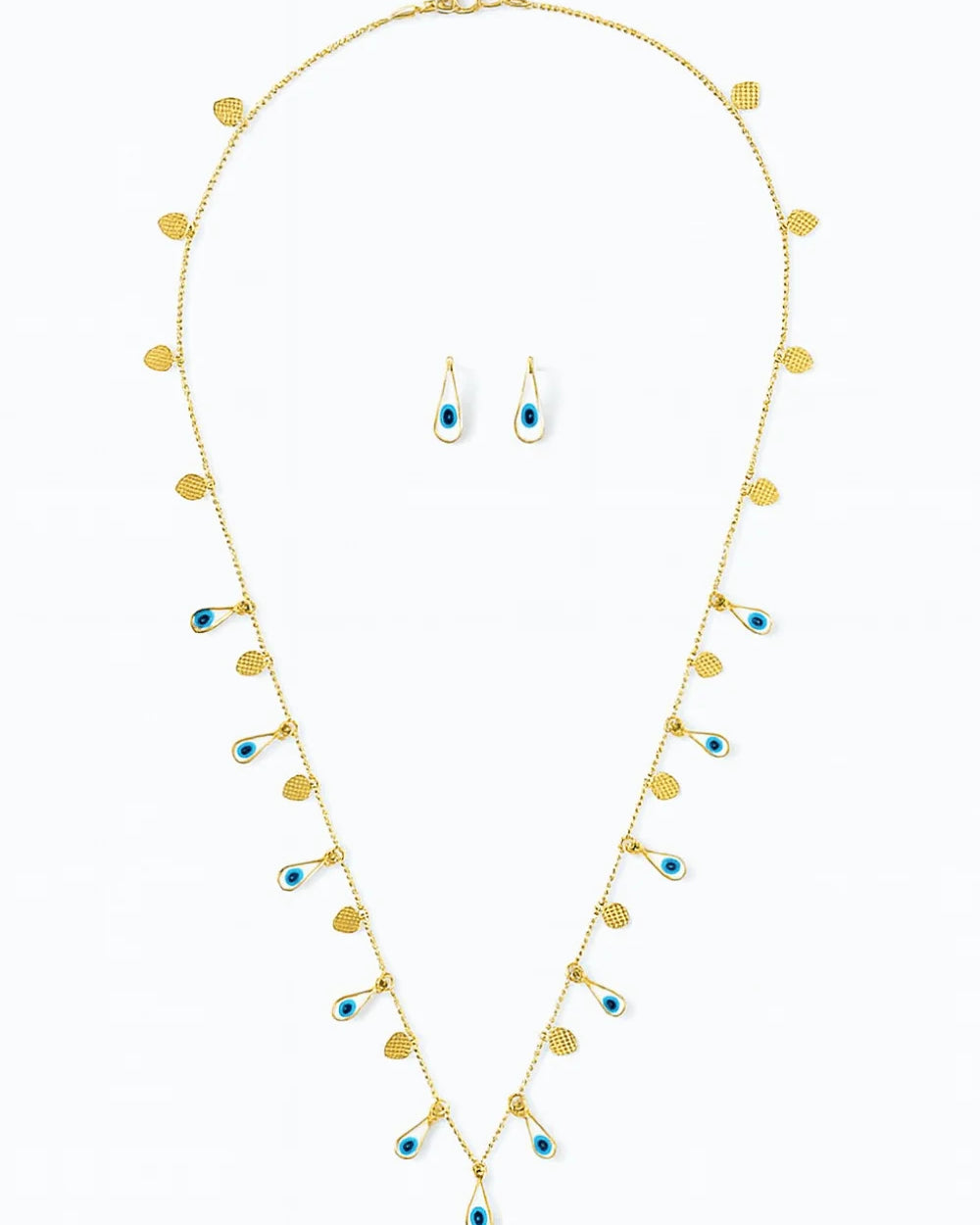 Kit Colar Longo Dourado com Olho Grego e Brinco