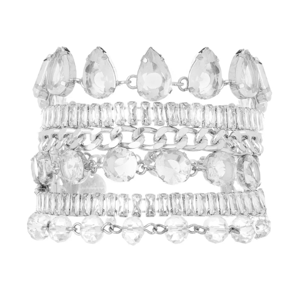 Maxi Pulseira Prateada com Cristais e Mix de Texturas – Design Statement
