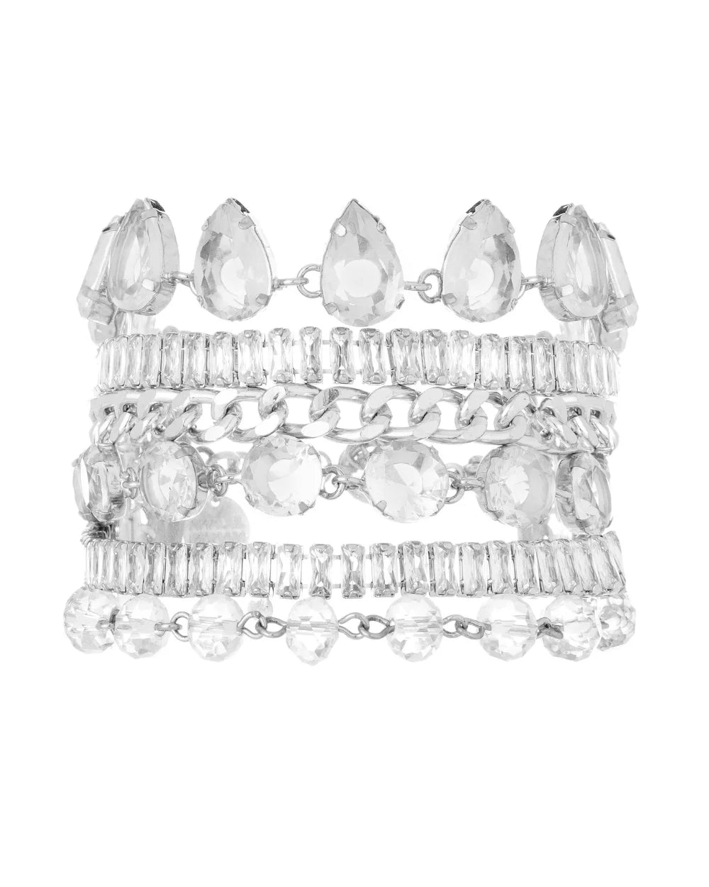 Maxi Pulseira Prateada com Cristais e Mix de Texturas – Design Statement