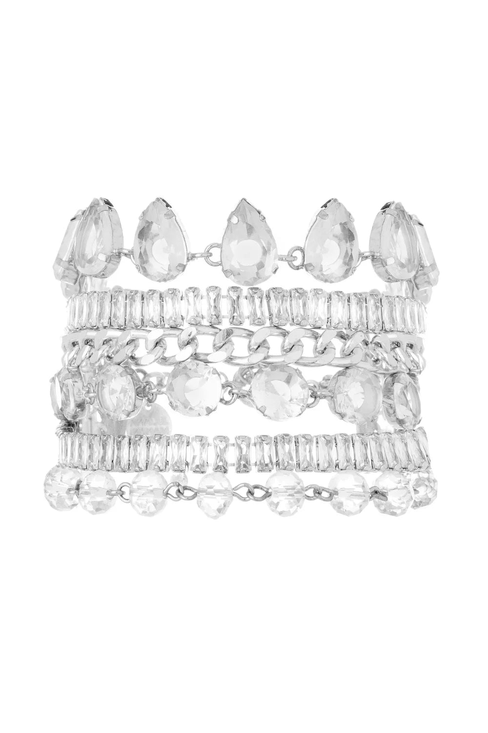 Maxi Pulseira Prateada com Cristais e Mix de Texturas – Design Statement