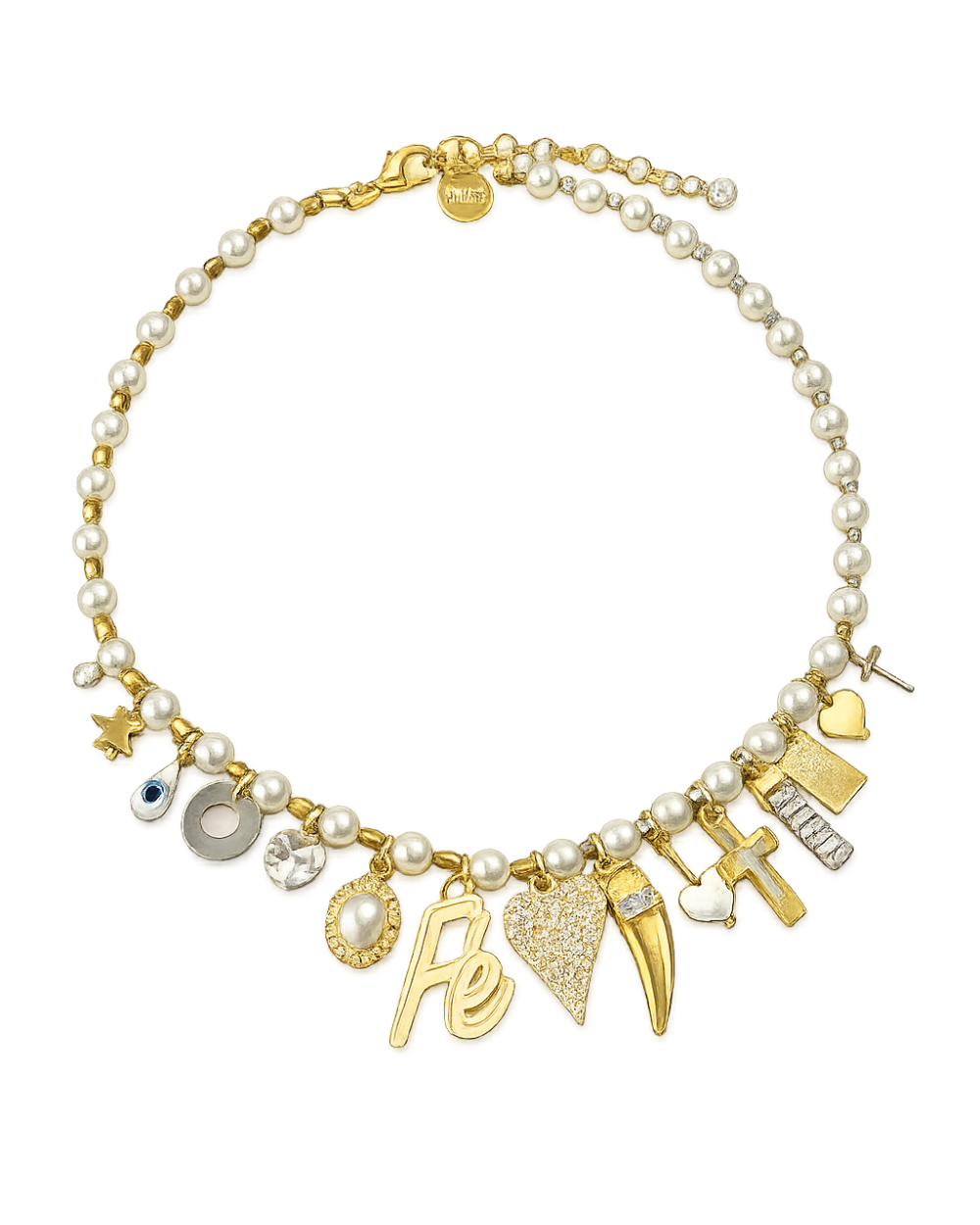Colar de Pérolas com Pingentes Mix de Patuás Dourado e Prateado