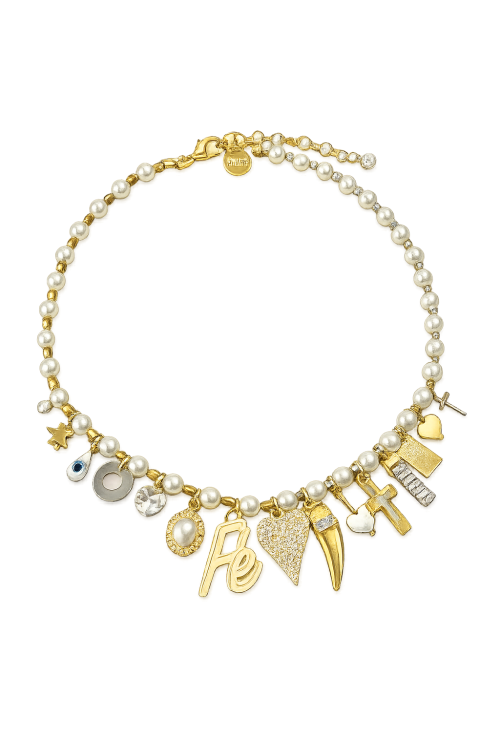 Colar de Pérolas com Pingentes Mix de Patuás Dourado e Prateado