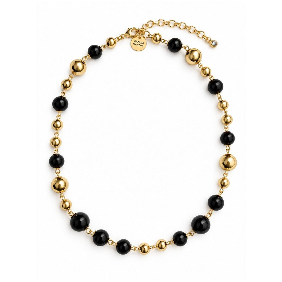 COLAR CURTO ESFERAS PRETA DOURADO