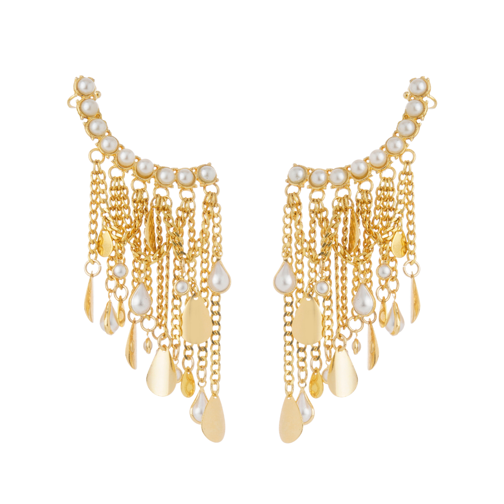 Maxi Brinco Ear Cuff Dourado com Pérolas e Franjas Essenza