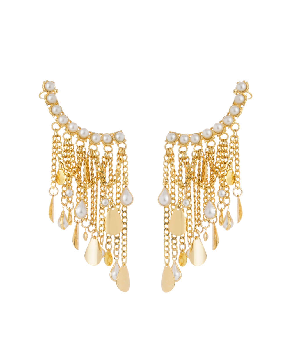 Maxi Brinco Ear Cuff Dourado com Pérolas e Franjas Essenza
