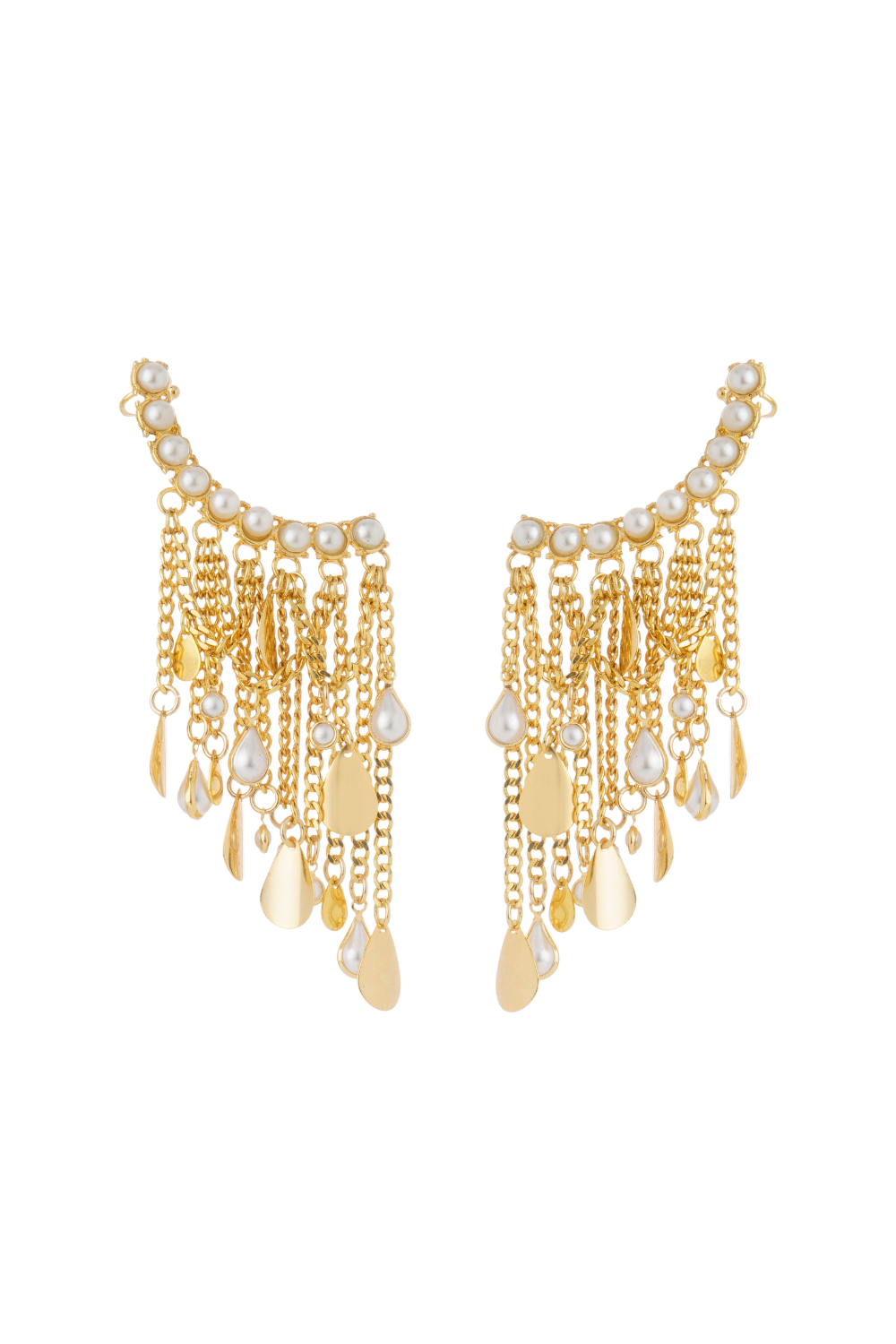 Maxi Brinco Ear Cuff Dourado com Pérolas e Franjas Essenza