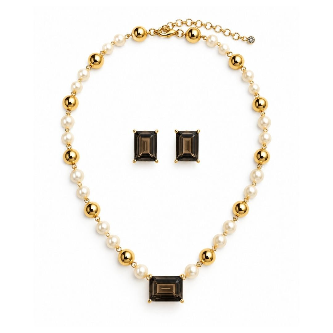KIT DE COLAR E BRINCO PÉROLA DOURADO | HANDMADE & CRISTAL BLACK DIAMOND