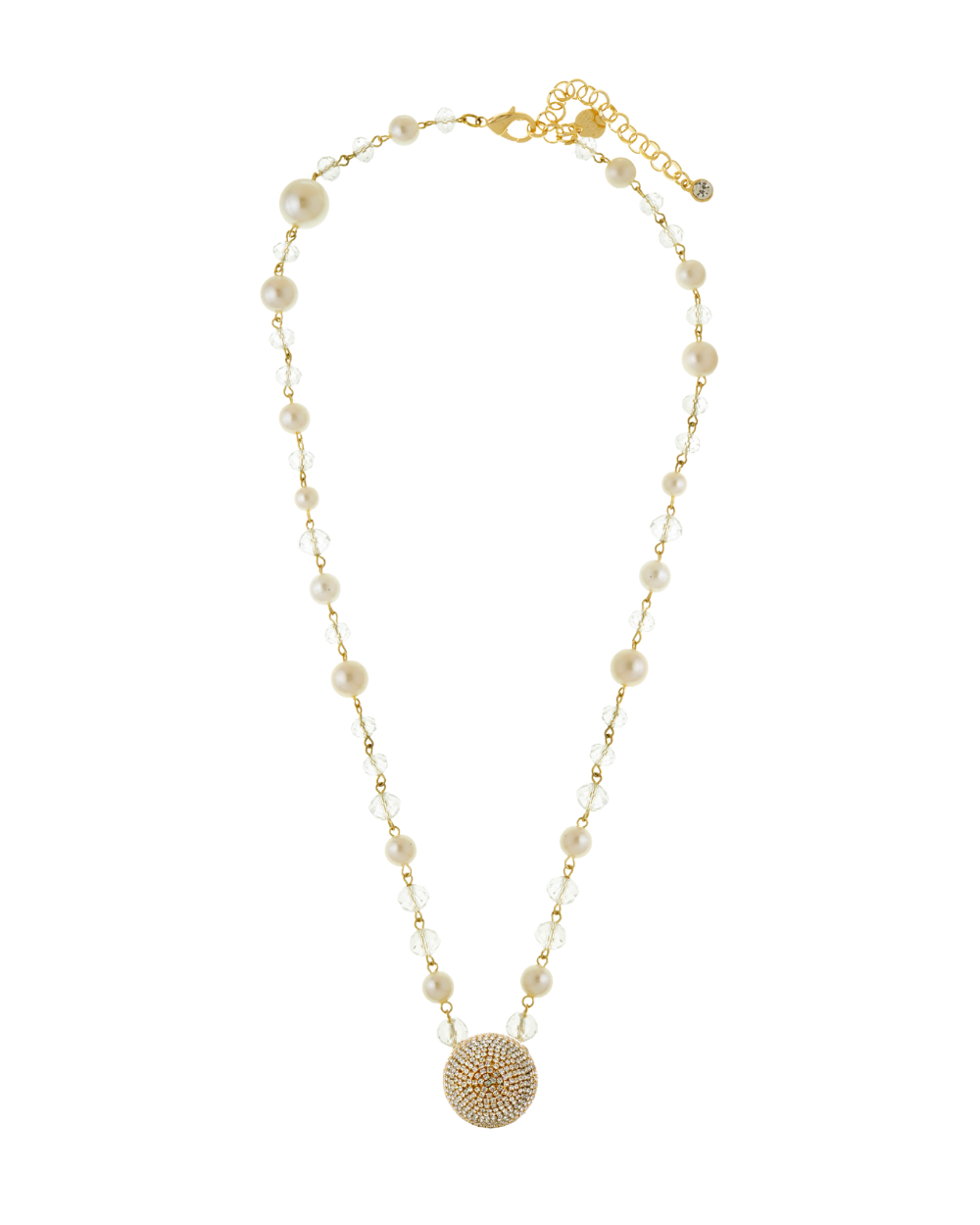 Colar Longo Dourado com Pérolas Espaçadas e Pingente Cravejado
