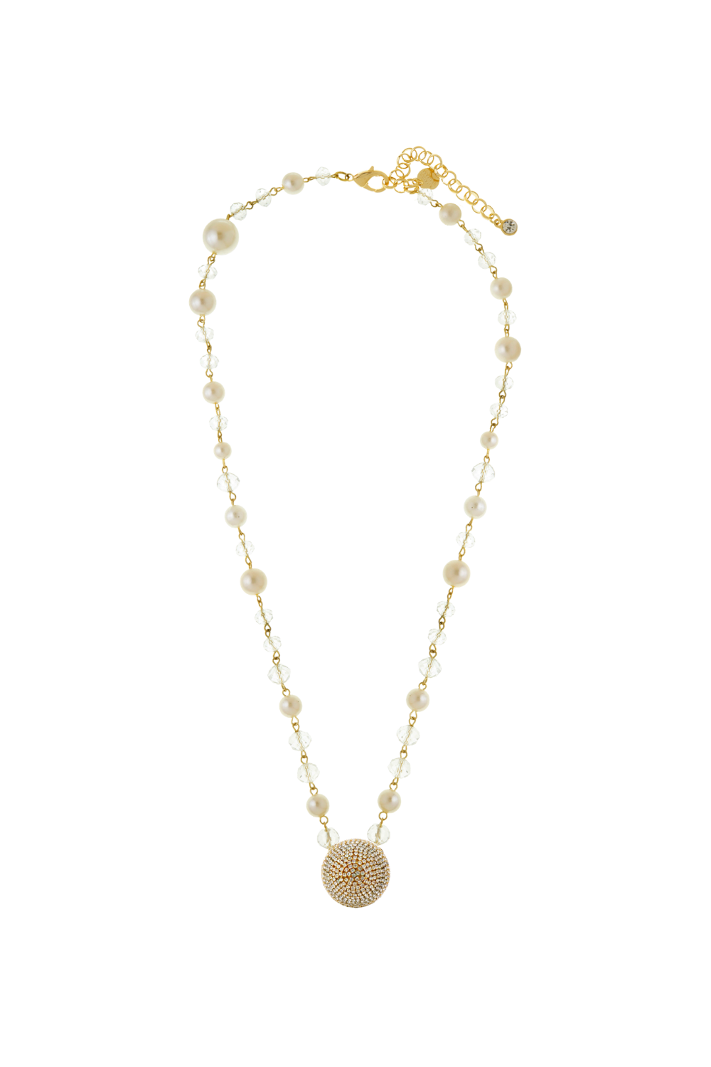 Colar Longo Dourado com Pérolas Espaçadas e Pingente Cravejado