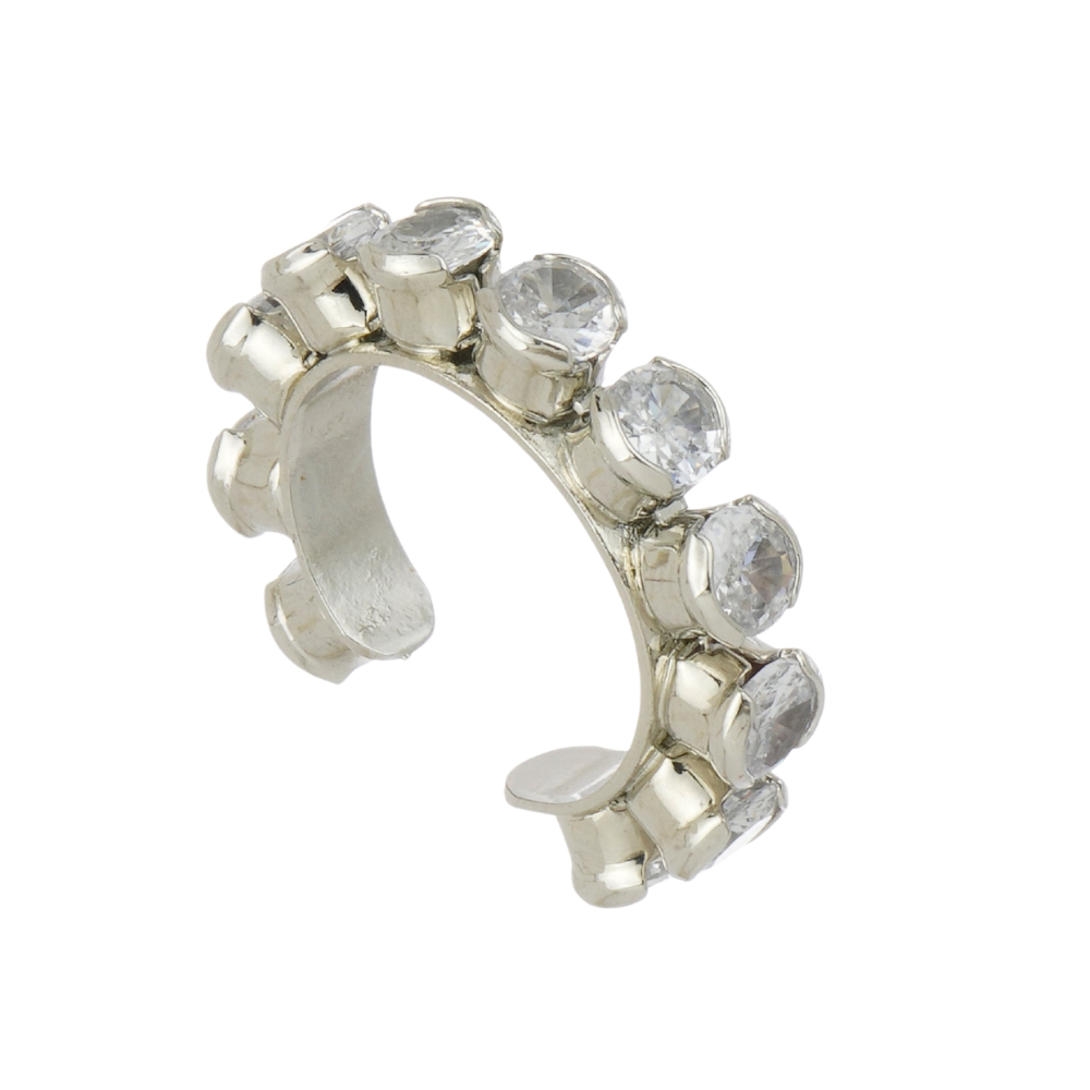 Ear Cuff Prateado com Zircônias Redondas e Encaixe Sem Furo
