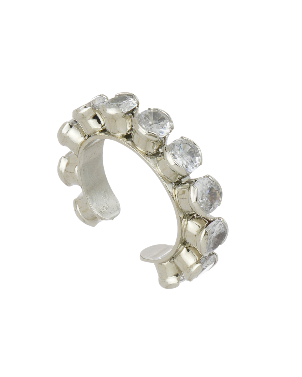 Ear Cuff Prateado com Zircônias Redondas e Encaixe Sem Furo