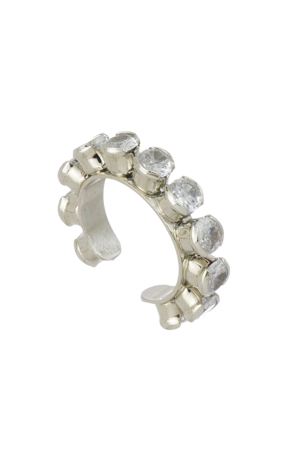 Ear Cuff Prateado com Zircônias Redondas e Encaixe Sem Furo
