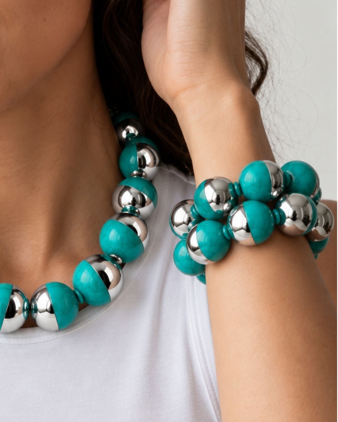 KIT DE PULSEIRA ESFERAS TURQUESA PRATEADO