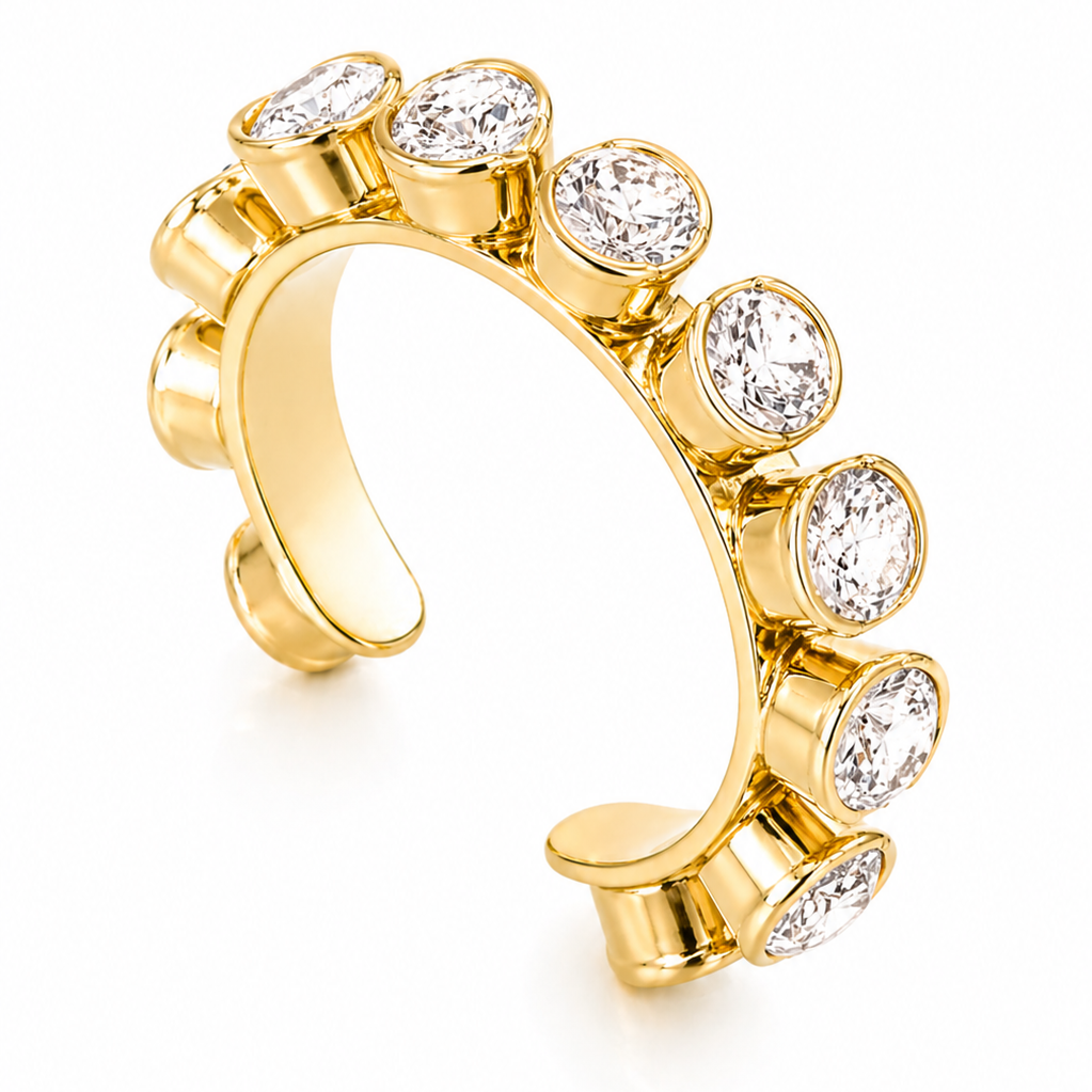 Ear Cuff Dourado com Zircônias Redondas e Encaixe Sem Furo