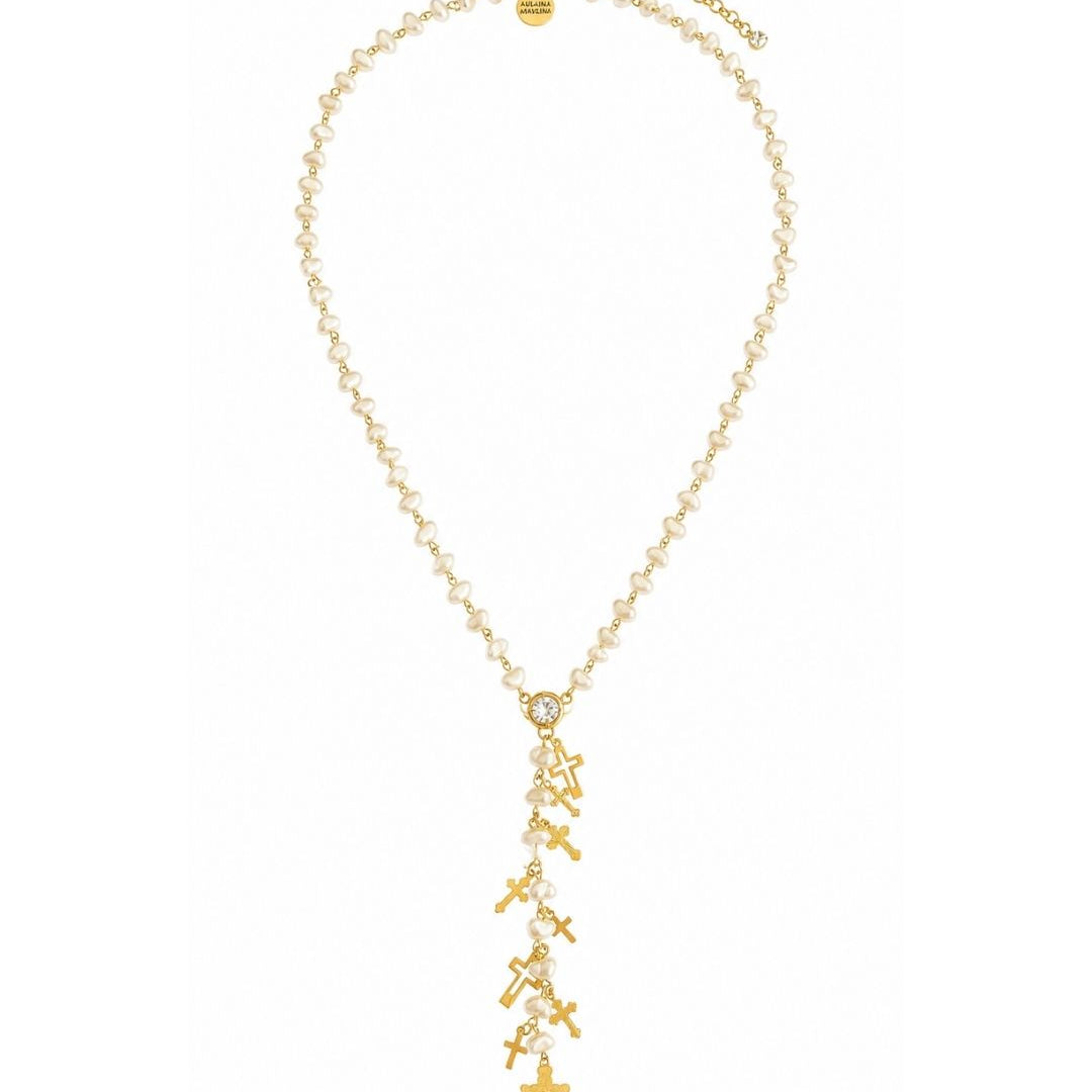 COLAR TERÇO PÉROLAS DOURADO