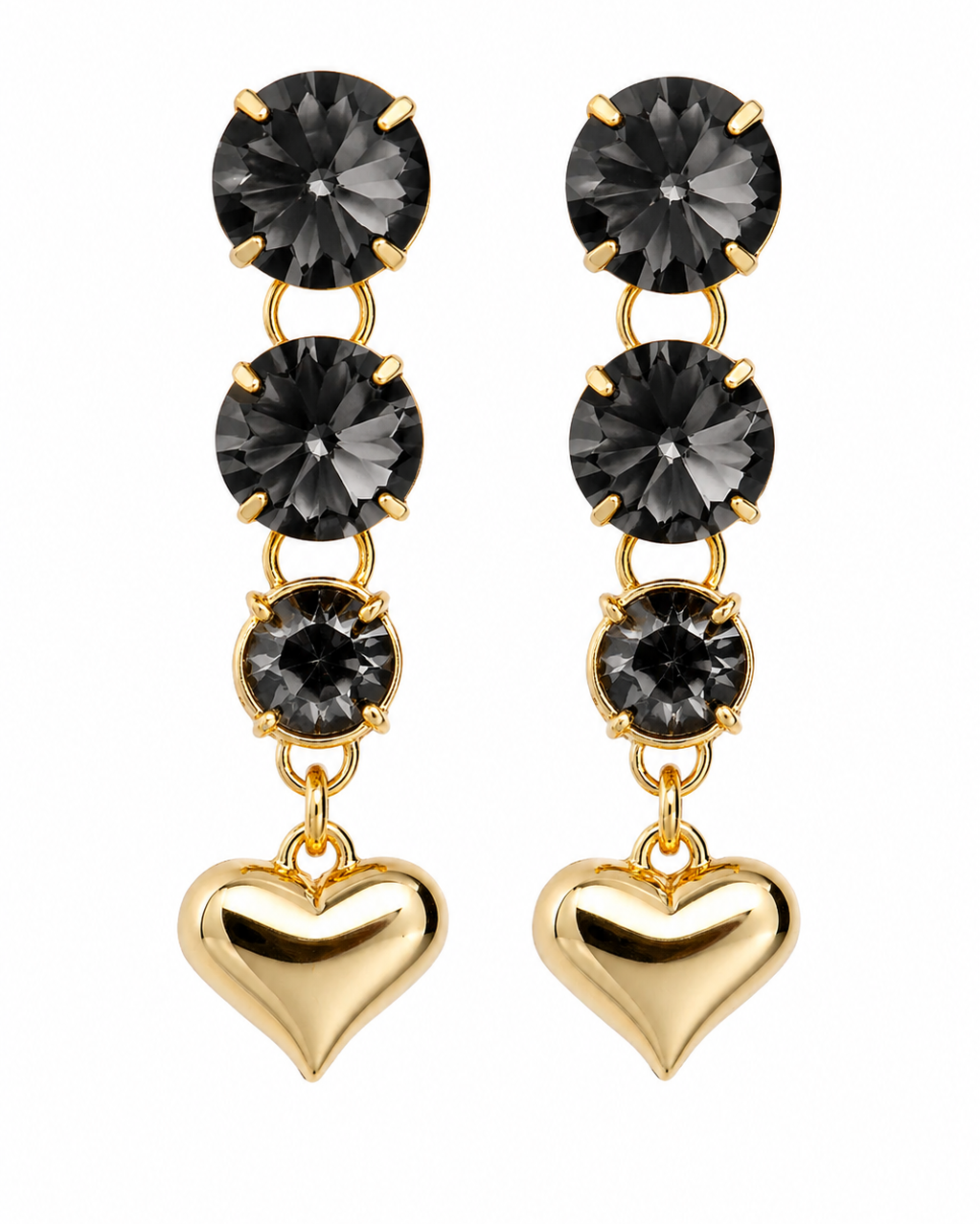 Brinco Longo Corações com Cristais Black Diamond Dourado