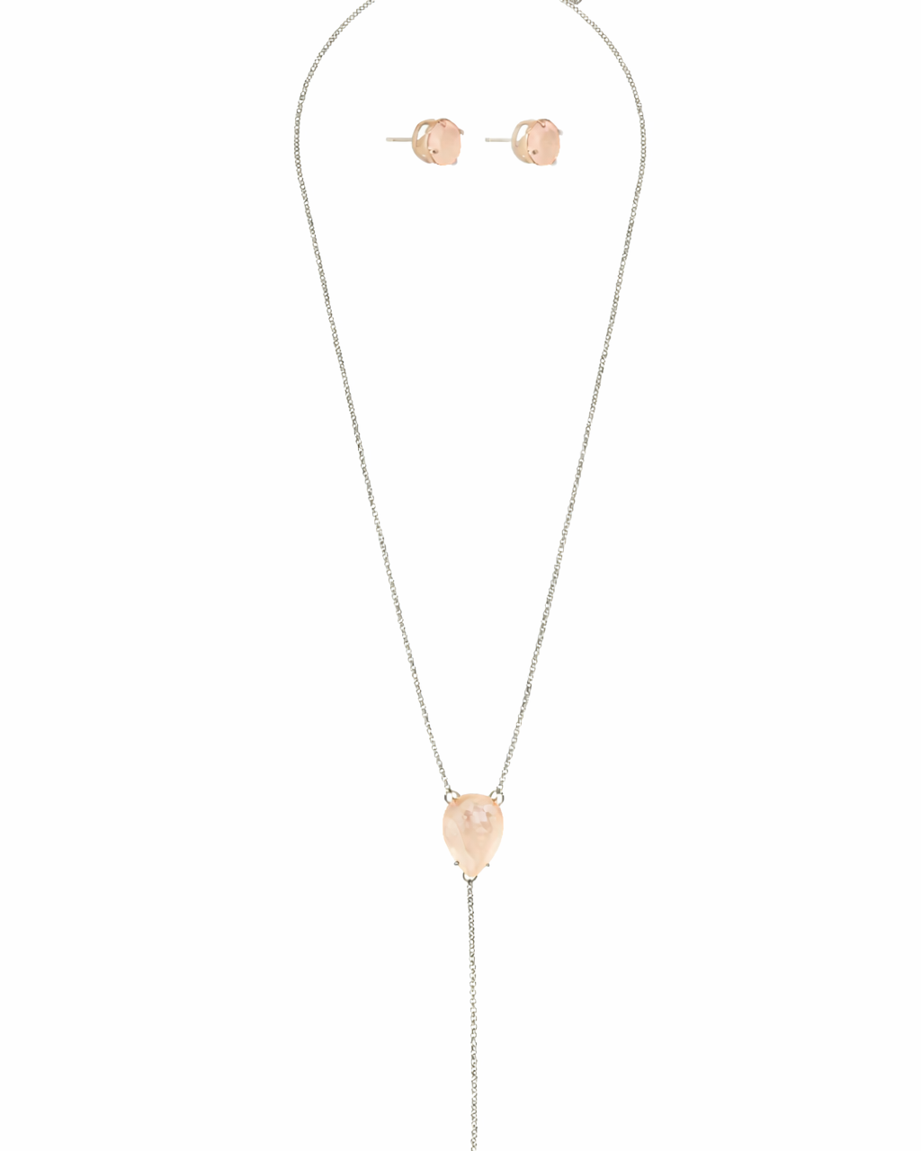 Kit Colar Longo Estilo Terço com Pedra Light Peach e Brinco Ponto de Luz Prateado