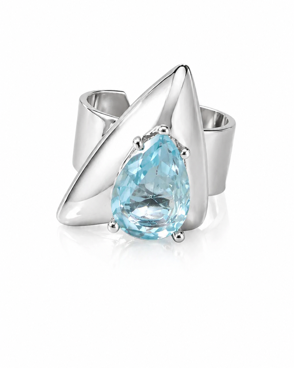 Anel Prateado com Pedra Azul Triangular | Ajustável e Marcante