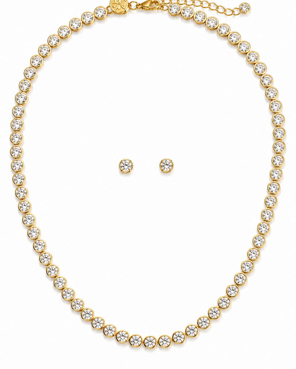 Kit Colar Riviera e Brinco Dourado com Cristais Lapidados e Brilho Contínuo