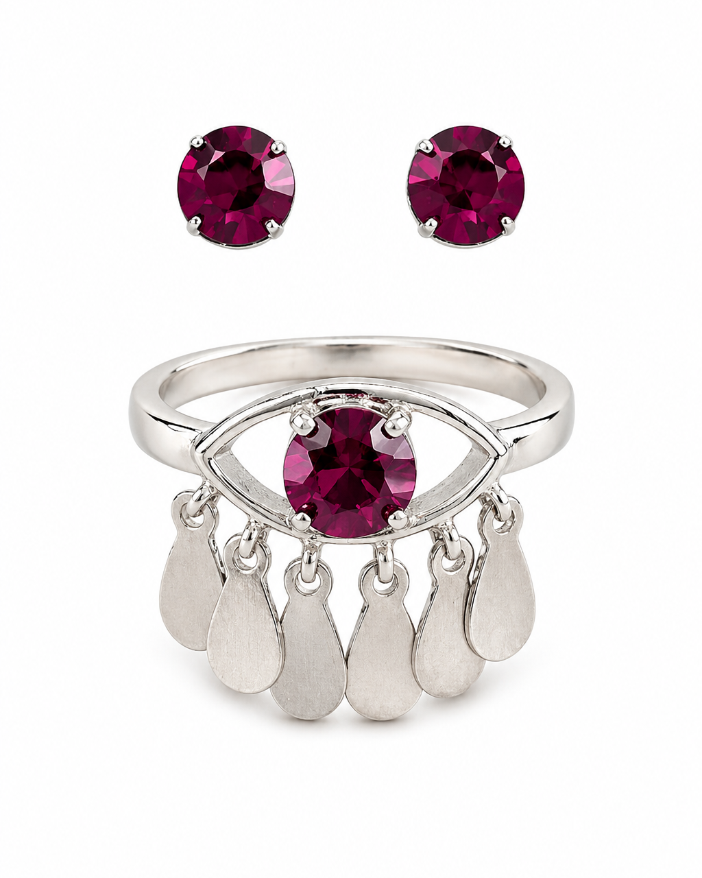 Kit de Anel e Brinco Olho com Cristal Roxo e Pingentes Prateados