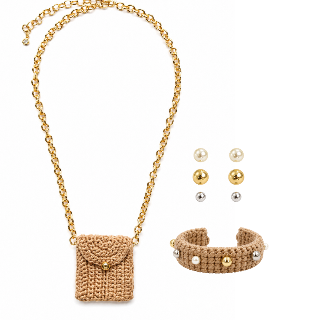 Kit Mini Bag Crochê, Bracelete e Brincos Femininos Handmade | Western Glam