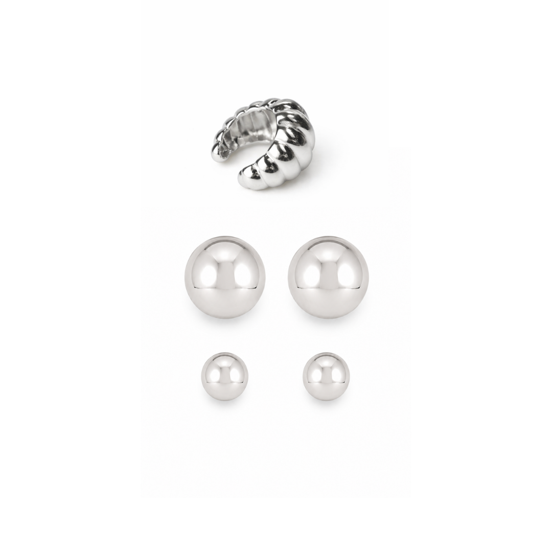 Kit de Brincos Canopla Prateada e Ear Cuff Orgânico | Juliana Manzini